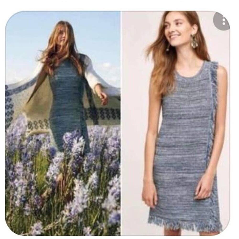Anthropologie Holding Horses Blue sweater fringe dress women's medium - Picture 3 of 9